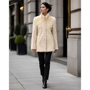 Vintage Cream Genuine‎ Rabbit Fur Jacket High Collar Glam Winter Coat